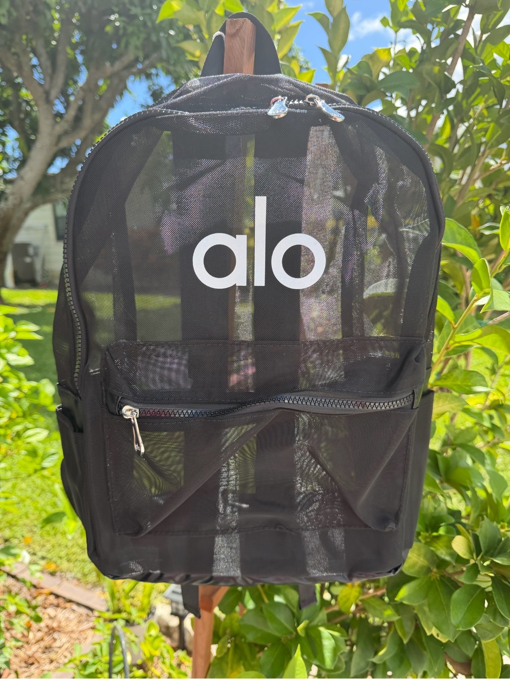 ALO Yoga Black Mesh Backpack with White Logo